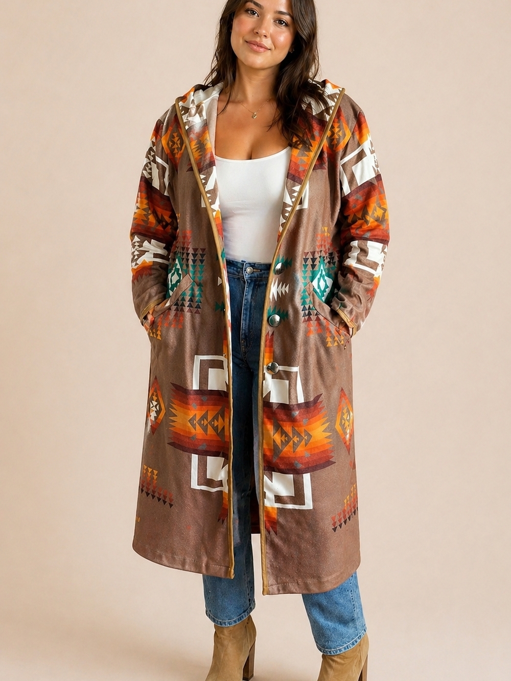 Long Hooded Oversized Aztec-Print Coatigan in Brown - NWOT - S